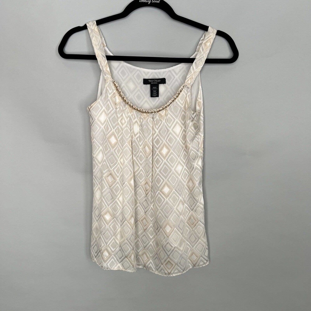 White House Black Market Ivory,Gold, and Silver Diamond Pattern Top Petite XXS